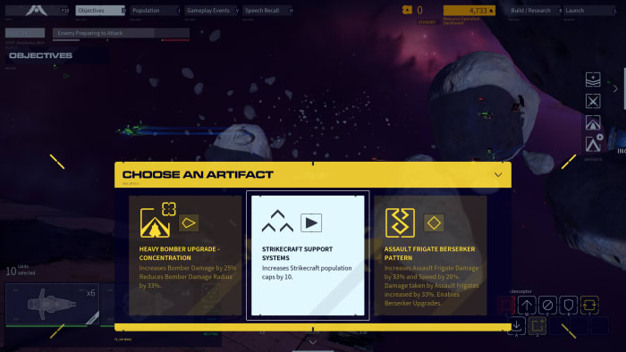 Homeworld 3 artifact selection screen in War Games mode.
